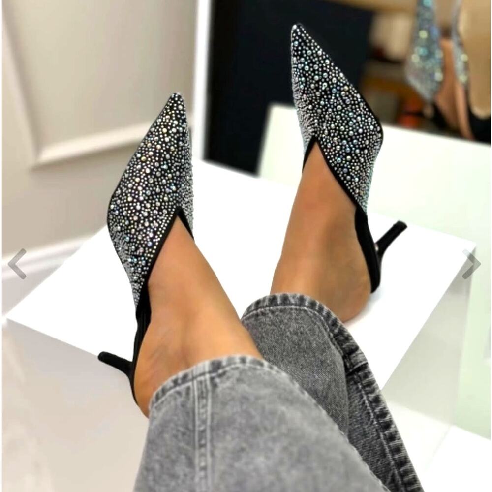 MANGO Crystal Rhinestone Mule Heels NWT Pointed Toe Kitten Heel Size 6.5 - Picture 8 of 16